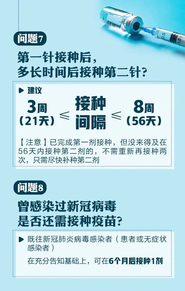 问题7，第一针接种后多长时间接种第二针？问题8，曾感染过新冠病毒是否还需要接种疫苗？