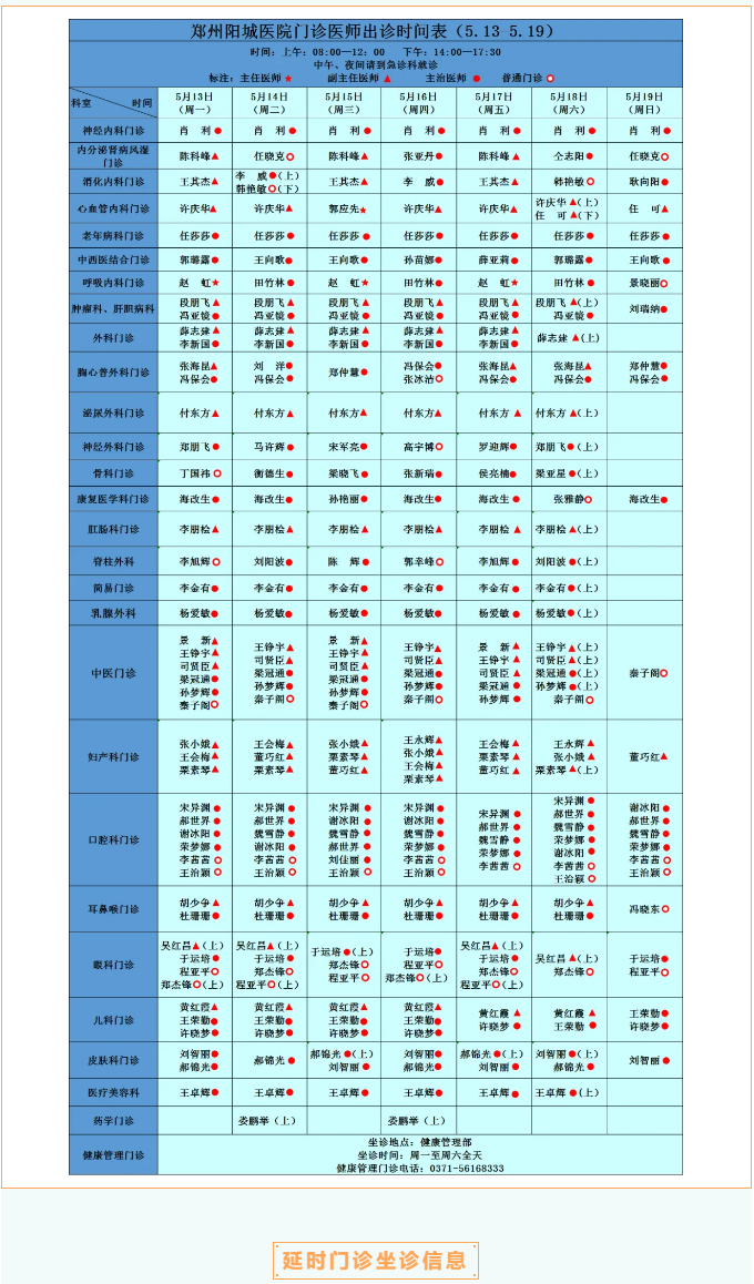 【名医有约】5月13日—5月19日郑州阳城医院特邀省市级专家及本院专家坐诊表，请查收！