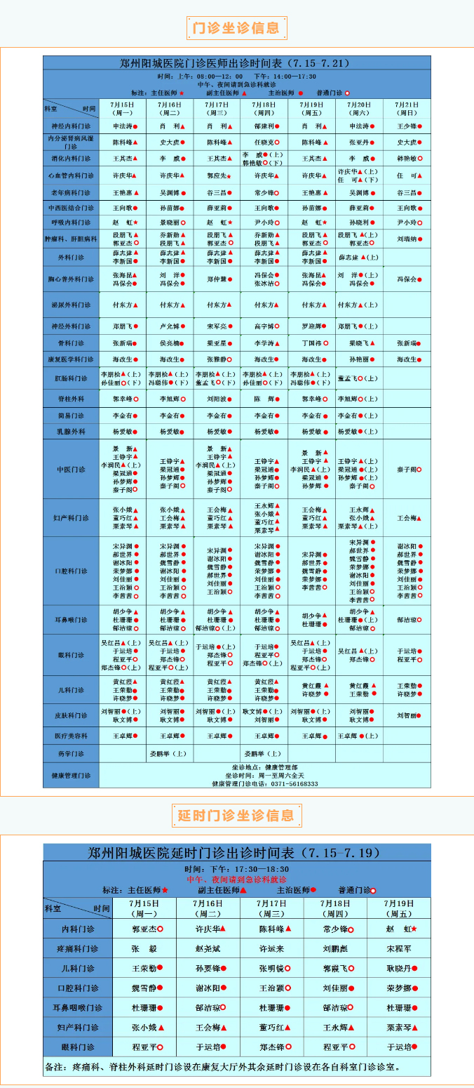 【名医有约】7月8日—7月14日郑州阳城医院特邀省市级专家及本院专家坐诊表，请查收！