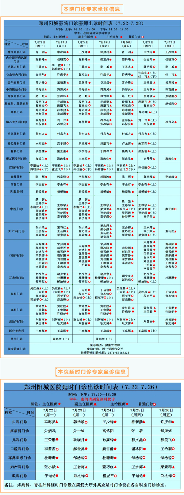 【名医有约】7月22日—7月28日郑州阳城医院特邀省市级专家及本院专家坐诊表，请查收！