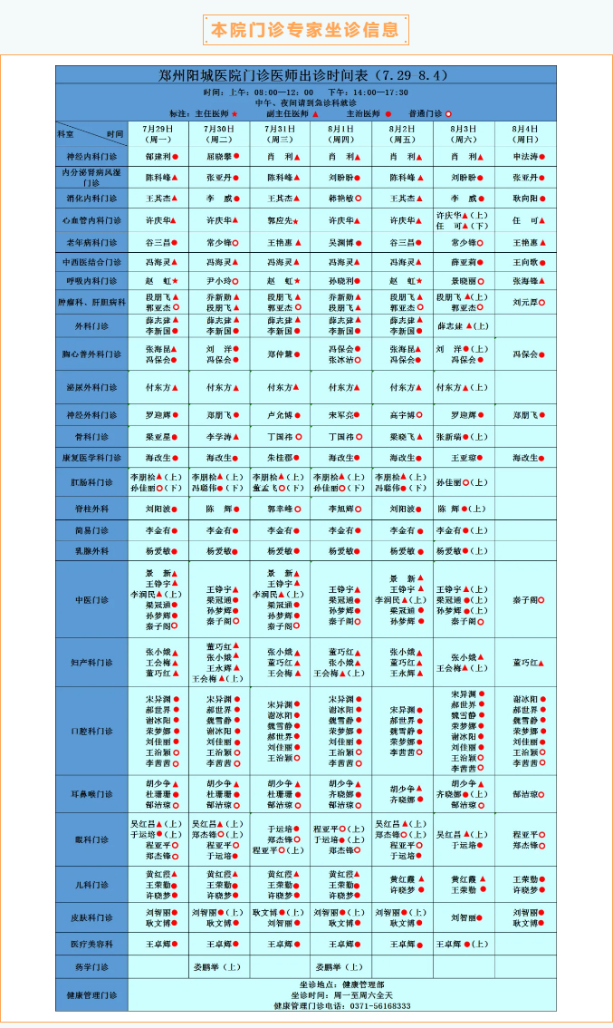 【名医有约】7月29日—8月4日郑州阳城医院特邀省市级专家及本院专家坐诊表，请查收！