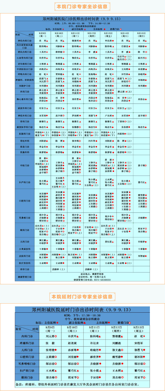 【名医有约】9月9日—9月15日郑州阳城医院特邀省市级专家及本院专家坐诊表，请查收！