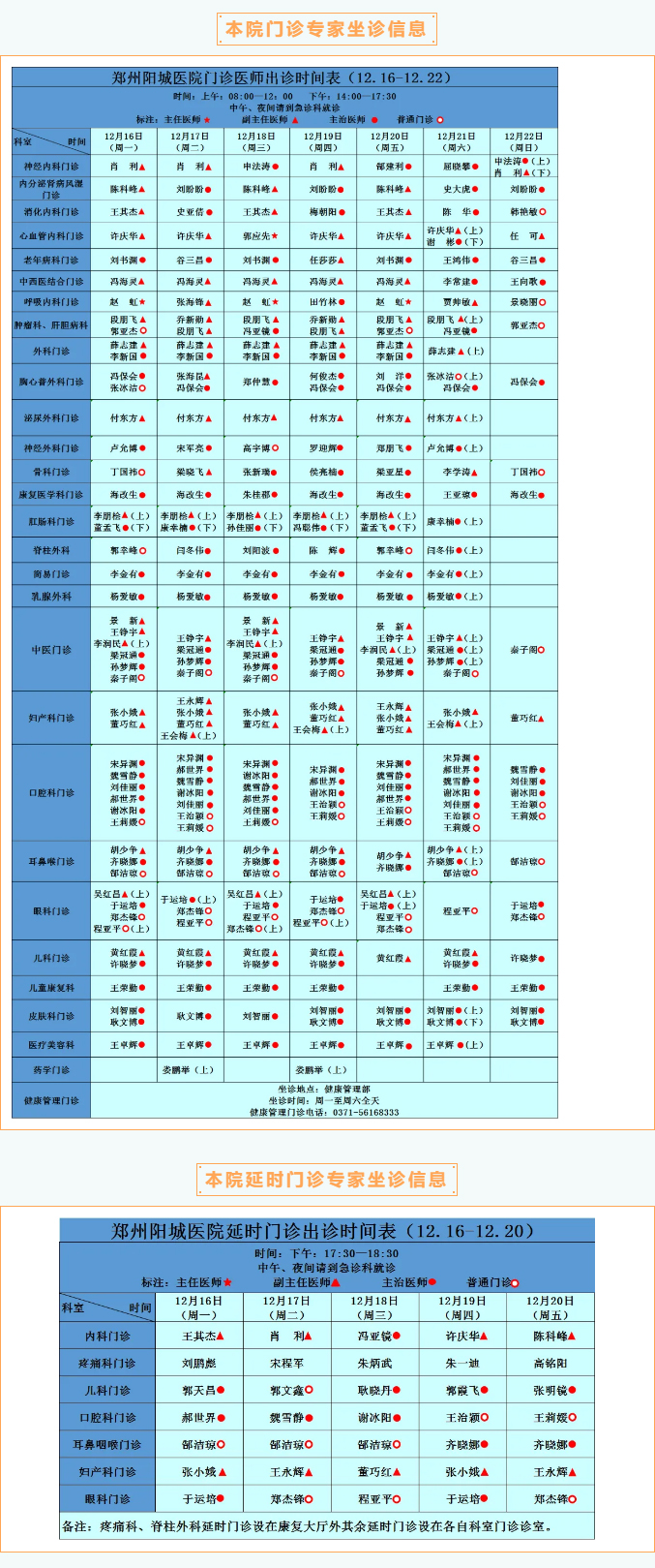 【名医有约】12月16日—12月22日郑州阳城医院特邀省市级专家及本院专家坐诊表，请查收！