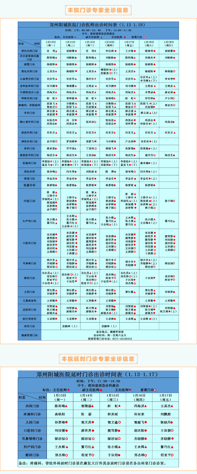 【名医有约】1月13日—1月19日郑州阳城医院特邀省市级专家及本院专家坐诊表，请查收！